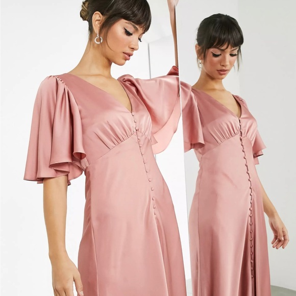ASOS EDITION satin flutter sleeve maxi dress with button front in dusky rose - Picture 3 of 5